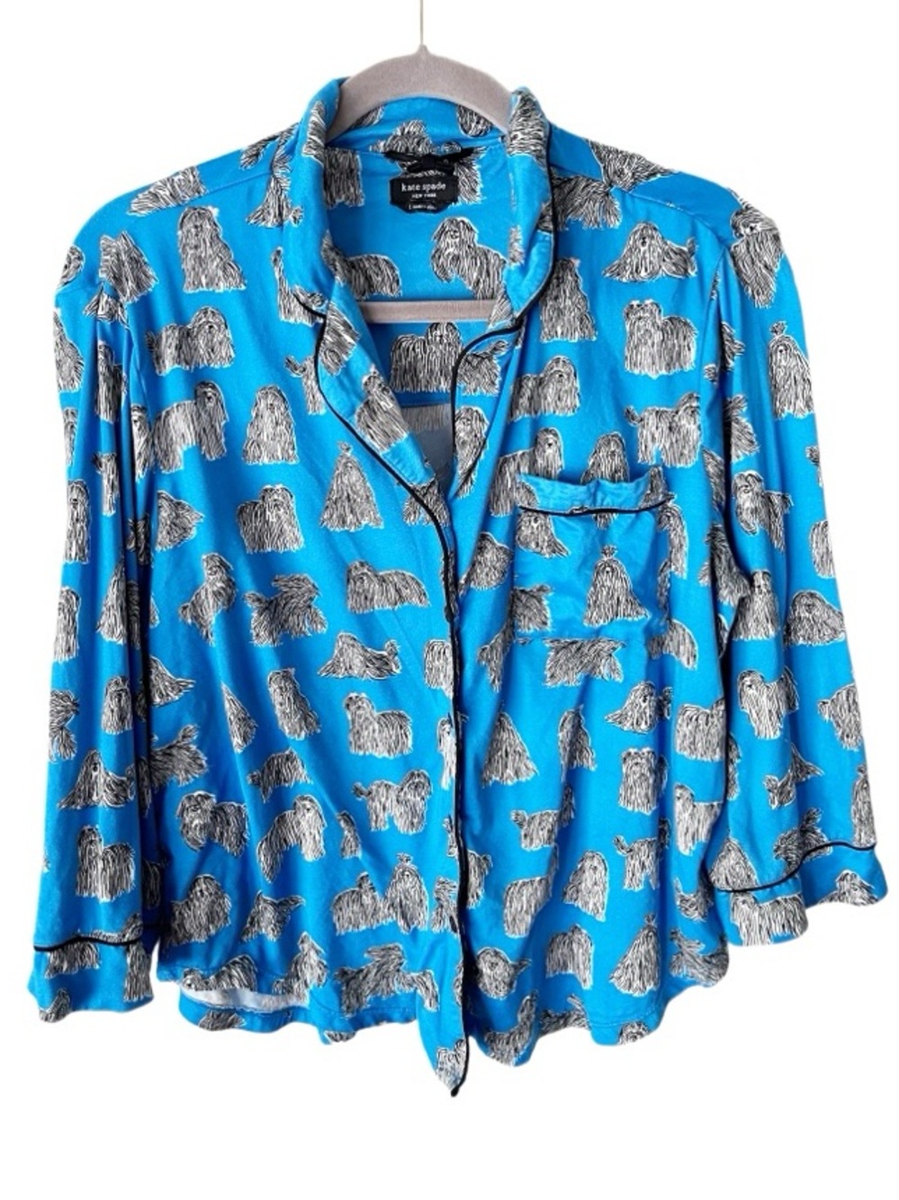 Kate Spade Blue Shaggy Dog Print‎ Pajama Top Size Large Preppy Quirky Maximalist
